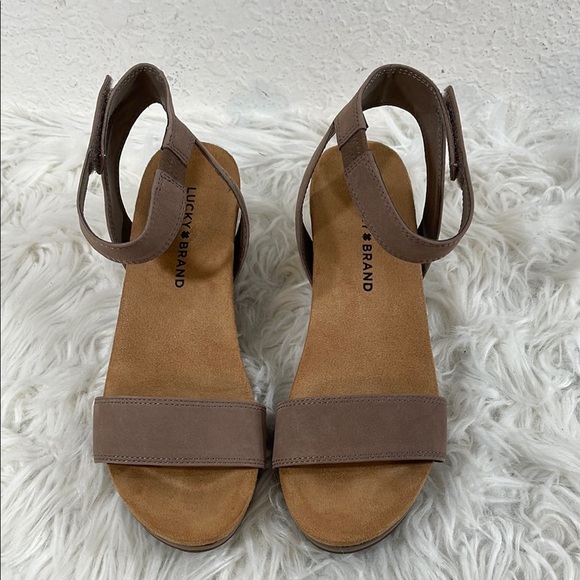 Lucky Brand Shoes - LUCKY BRAND Kanoa Taupe Suede Velcro Size 7 M Strappy 3” Wedge Sandals Tan/Brown